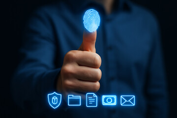 A hand with a glowing fingerprint above and digital icons below on a dark background in blue tones