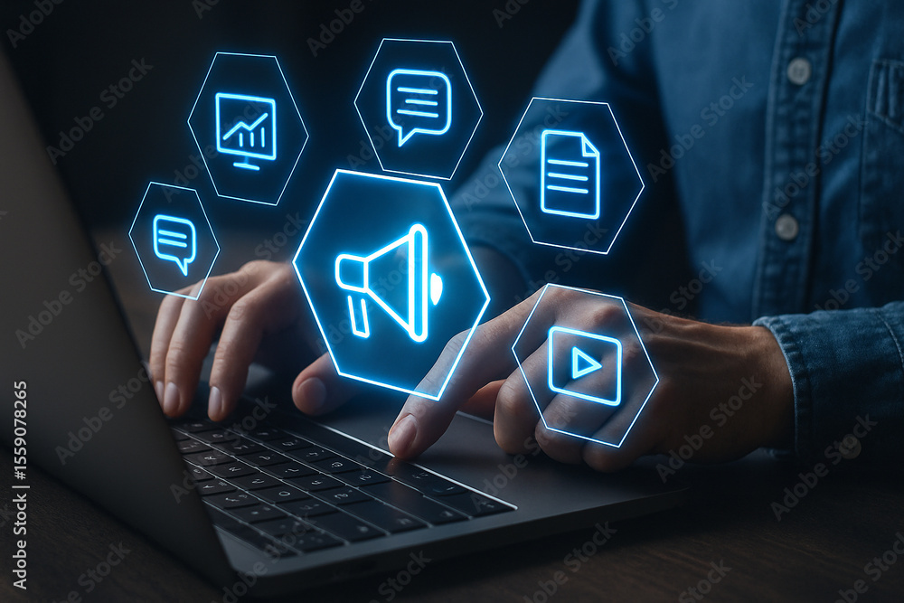 Poster person using laptop with digital marketing icons hovering above the keyboard and hands typing fast