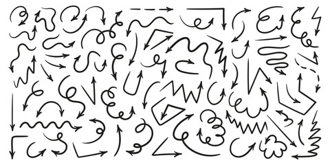 Naklejka premium Collection of arrows pointing in various directions. Grunge-style doodle arrows, hand-drawn. Modern line designs with cursors and arrows. For technology, web design, and navigation app business