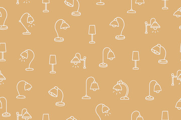 Seamless pattern of hand drawn light bulb icons. Pendant lamps, table lamps, lanterns, Lamps with lampshades for indoor lighting. Vector 