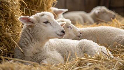 Fototapeta premium Freshly shorn sheep resting in straw, soft fleece piled nearby