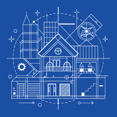 "Architectural Blueprint Background with White Line Drawings on Blue or White"