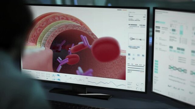 Patient Bloodstream Examination By Medical Microscopic Analysis Program. Diagnosing Disease With Microscopic Examination Of Patient Antibodies. Patient Blood Cells Examination. Microscopic Research
