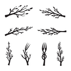 Black and white branch silhouettes icon set for decorative design and nature inspired illustrations