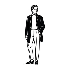 Fashionable standing man in coat and turtleneck outfit black and white vector drawing