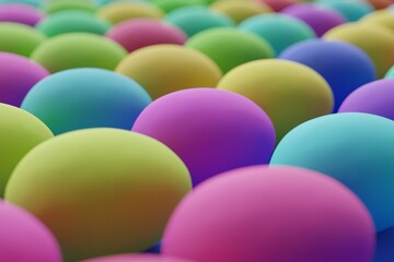 Many colorful eggs on royal blue background. Closeup view, macro shot, selective focusclose up shot. 3d render, illustration