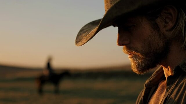 Modern Blonde Cowboy Reflecting at Sunset with Silhouette of Woman on Horse in Background. Love story.  Chance encounter