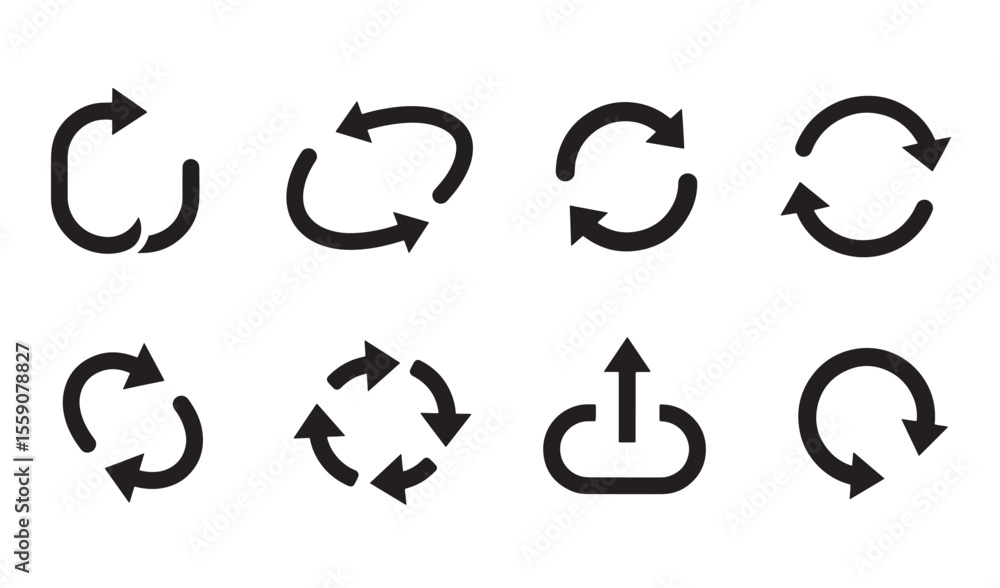 Poster black and white icon set of various refresh reload circular arrows and upload symbol