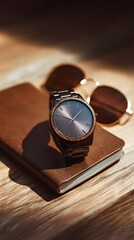 Stylish wooden watch on a leather journal with sunglasses product shot view