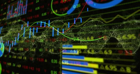 Dashboard animating candlesticks pulsing network and shifting charts on start to show market trends - Powered by Adobe