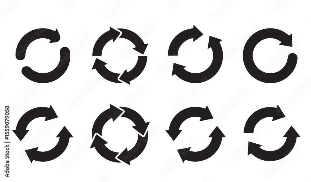 Poster black arrows rotation circular icon set symbols for refreshing updating reloading or recycling desig