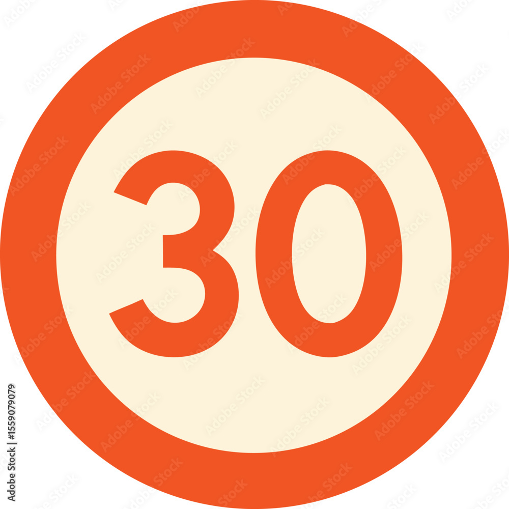 Poster orange and beige round sign displaying the number thirty, indicating a speed limit or restriction zo