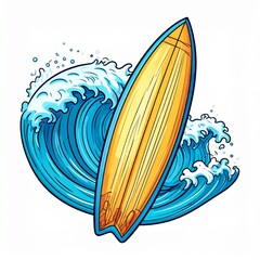 Yellow Surfboard and Blue Ocean Wave Illustration