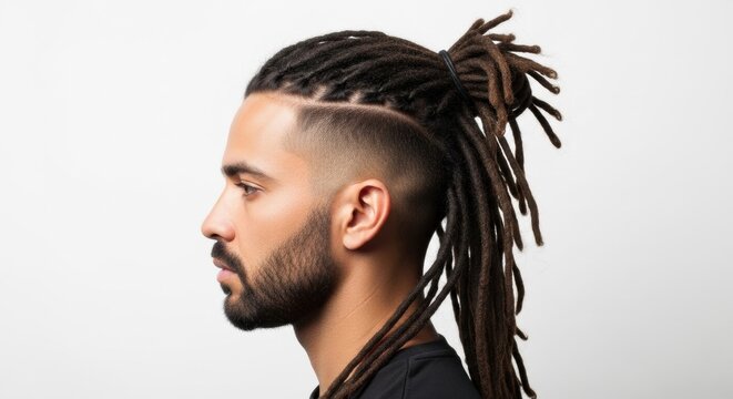 Profile portrait of a young biracial man with dreadlocks styled in a high ponytail and a sharp faded undercut, featuring a well-groomed beard, on a white background. - Powered by Adobe