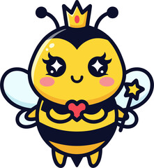 Cute Cartoon Queen Bee Holding Heart and Magic Wand – Kawaii Insect Vector Illustration