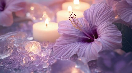 Close-up of hibiscus petals surrounded by smooth crystals and candlelight in tones of lavender cream and moss green