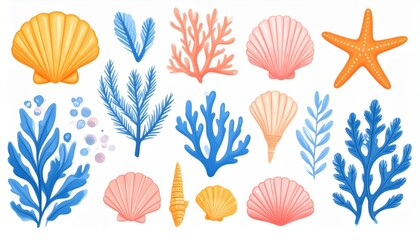 Pastel Seashells Coral Starfish Ocean Illustration