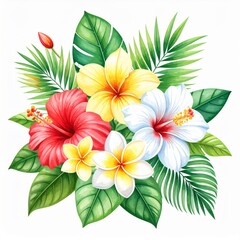 Vibrant Watercolor Painting of Tropical Hibiscus and Plumeria Flowers