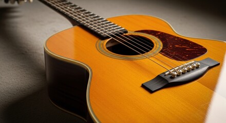 Fototapeta premium Close-up of the body of an acoustic guitar with a sunburst finish, showing the strings, soundhole, and pickguard, with warm lighting highlighting its details.