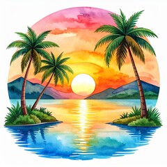 Vibrant Watercolor Sunset Over Tropical Island Beach