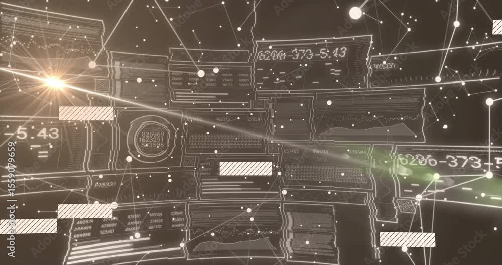 Poster On startup nodes forming curved panels sliding data bars pulsing codes and visualizing data network