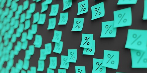 Many teal stickers on black board background with percent symbol drawn on them. Closeup view with narrow depth of field and selective focus. 3d render, Illustration