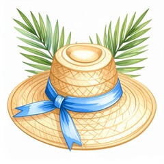 Beige Straw Hat with Blue Ribbon and Palm Leaves