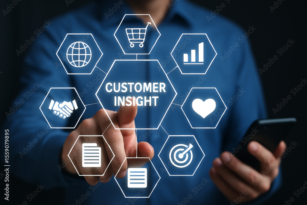 Poster man interacting with customer insight interface on screen with icons and mobile phone in his hand