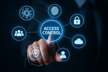 A person touching access control interface with icons representing security features and technology