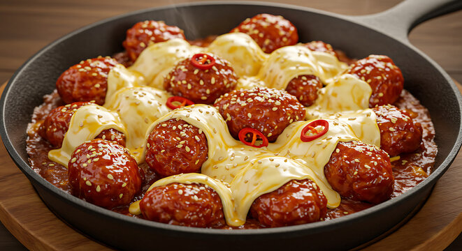 Flat lay of Korean buldak (fire chicken) with melted cheese and extra chili flakes, glowing red in spicy oil, PNG.