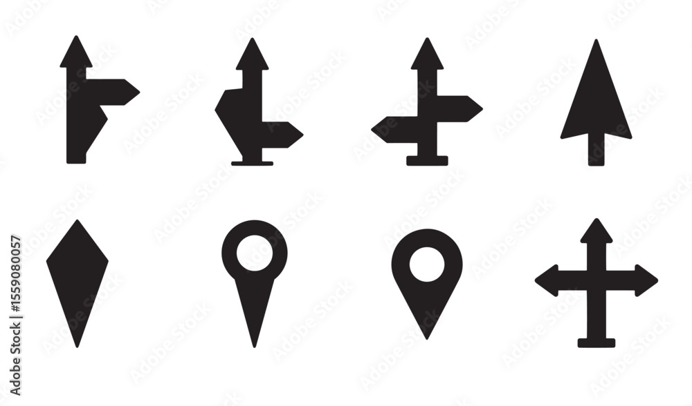 Poster collection of black direction and location icons for navigation and mapping graphic design icon set