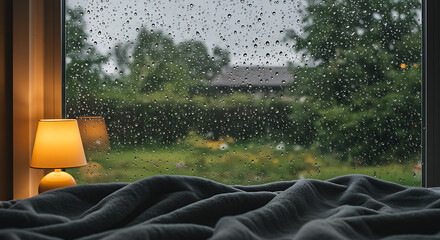 Rain gently falling outside a bedroom window, with blurry droplets on the glass and a warm blanket visible in the foreground.