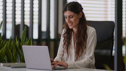 Caucasian businesswoman female entrepreneur office worker girl employer studying working online...