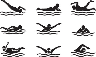 Male swimming pose silhouette set, different swim styles vector, freestyle butterfly backstroke icons, underwater action man silhouette, athletic swimmer positions, swim training illustrations