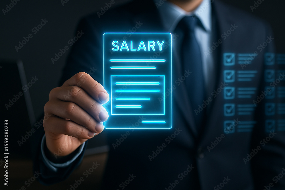 Poster man in suit holding glowing salary document with checklist in a dark business environment setting