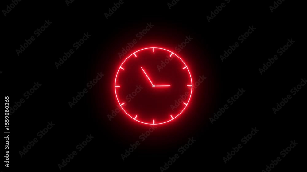 Poster abstract red color neon clock icon animation on black background, glowing neon watch icon animation 