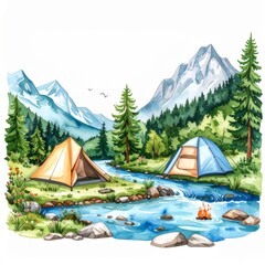Watercolor Illustration of a Serene Camping Scene in the Mountains