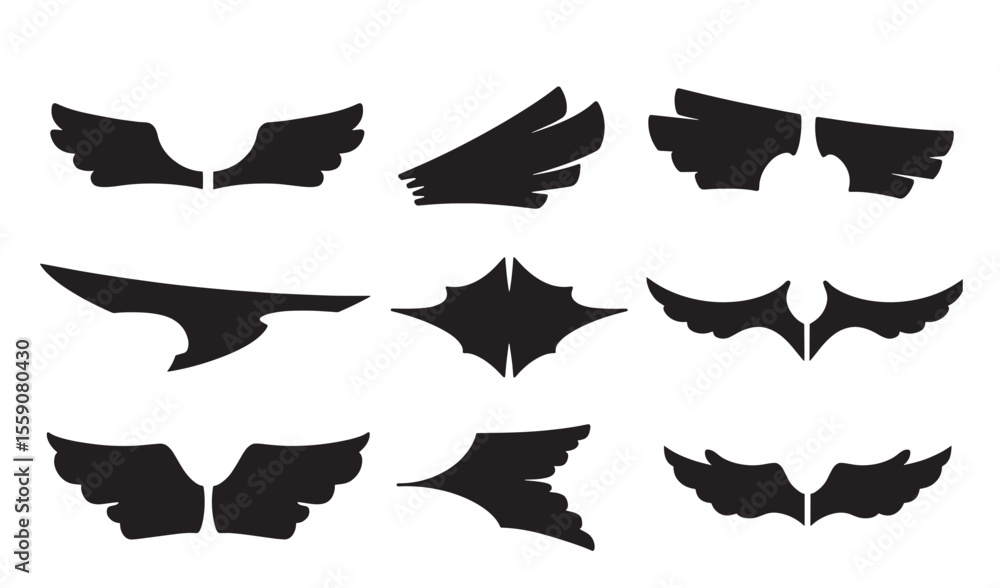 Poster collection of vector wing silhouettes in different styles for design projects icon set