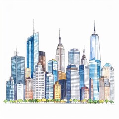 Colorful City Skyline Watercolor Illustration