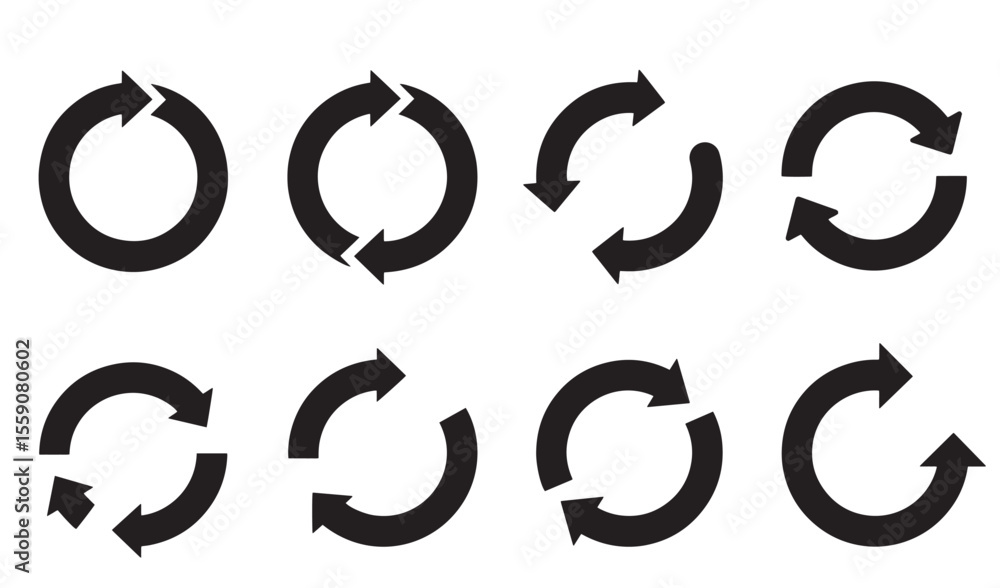 Poster diverse black circular arrow icons illustrating concepts of cycle repeat refresh and update availabl