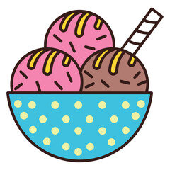 Naklejka premium Three scoops of ice cream in a polka dot bowl with a wafer stick isolated on white background