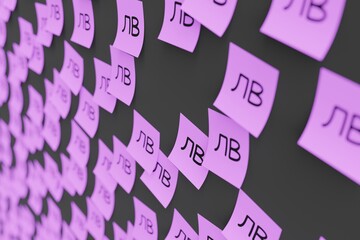 Many violet stickers on black board background with symbol of Kazakhstan tenge drawn on them....