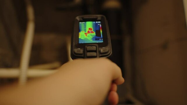 Hand using thermal imaging camera to inspect heating pipes