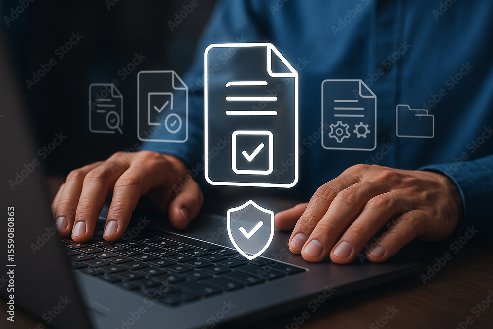 Poster person typing on laptop with digital document and security icons overlayed on the screen display