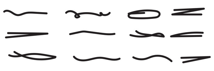 Brush scribble underline. Marker pen line highlight swoosh stroke. Vector underline set. Doodle grunge lines, scrawls, underlines strikethroughs. Vector illustration. 