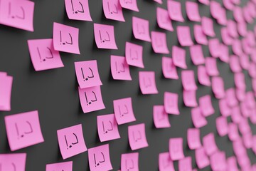 Many pink stickers on black board background with symbol of UAE dirham drawn on them. Closeup view with narrow depth of field and selective focus. 3d render, illustration
