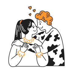 Cartoon couple in love embracing with affection on a white background. Smiling faces create a joyful and harmonious atmosphere. Ideal for expressing romance.