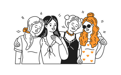 Obraz premium Illustration of four smiling women in casual attire showing friendship and joy. Colorful and modern style with simple lines. Perfect for representing sisterhood.