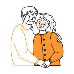 Charming line drawing of an elderly couple hugging. They share warmth and affection. Illustration features simple lines with bold orange accents on a white background.