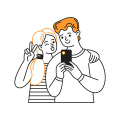 Fototapeta premium Digital drawing of a cheerful couple taking a selfie with a smartphone. One of them is making a peace sign. The background is simple and white, highlighting their expressions.
